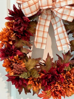 Fall Burgundy and Burnt Orange Color Floral with Strip Orange Plaid Bow (18" Wreath)