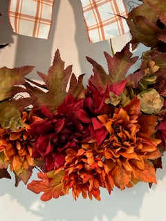 Fall Burgundy and Burnt Orange Color Floral with Strip Orange Plaid Bow (18" Wreath)