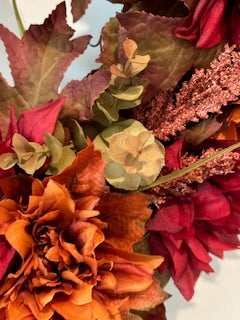 Fall Burgundy and Burnt Orange Color Floral with Strip Orange Plaid Bow (18" Wreath)