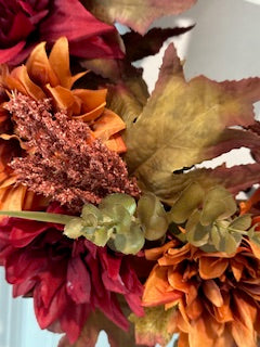 Fall Burgundy and Burnt Orange Color Floral with Strip Orange Plaid Bow (18" Wreath)