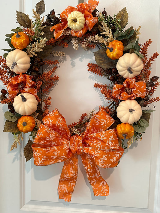 Fall/Thanksgiving, Floral, Orange & Cream Pumpkin & Bright Orange Bow (18" Wreath)