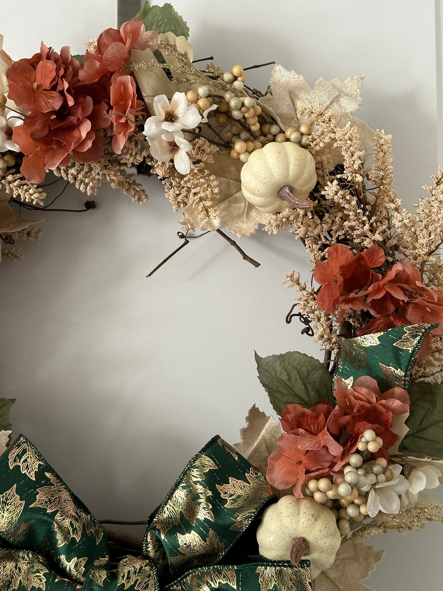 Fall, Floral, Cream Pumpkin & Green Bow -  (18" Wreath)