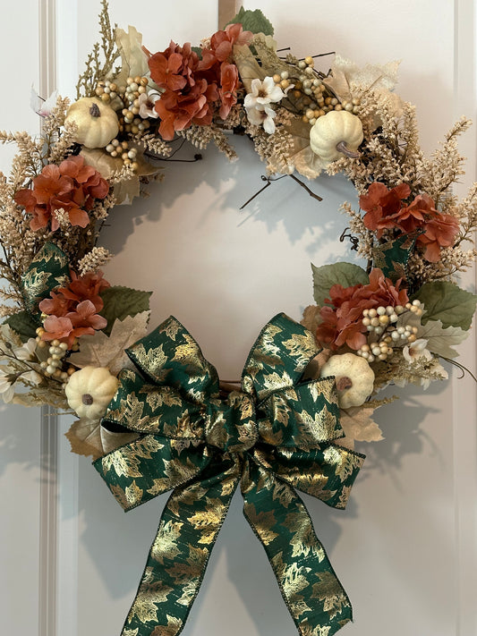 Fall, Floral, Cream Pumpkin & Green Bow -  (18" Wreath)