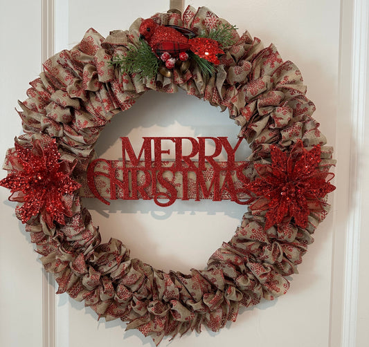 Christmas Wreath - Burlap Red Bird and Merry Christmas