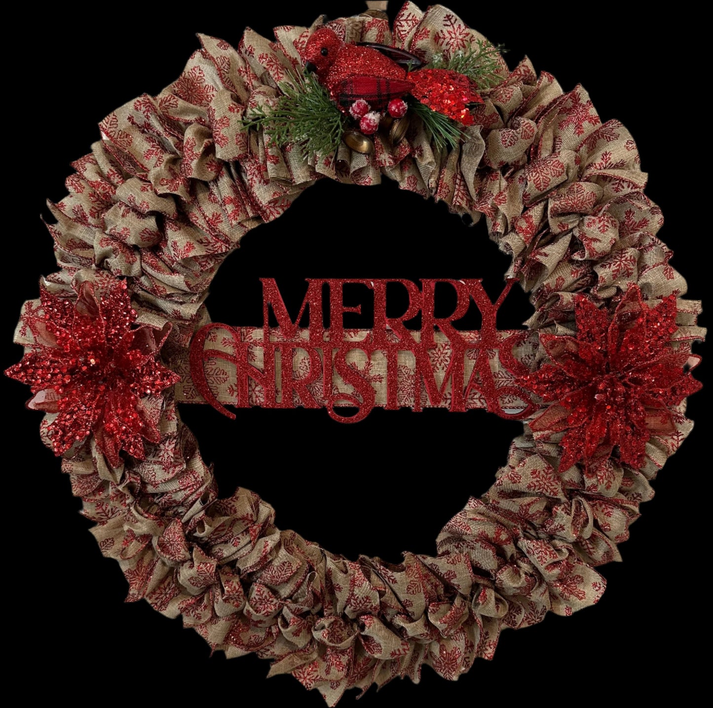 Christmas Wreath - Burlap Red Bird and Merry Christmas