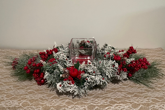 Christmas Centerpiece red apple, berries, and  velvet red base