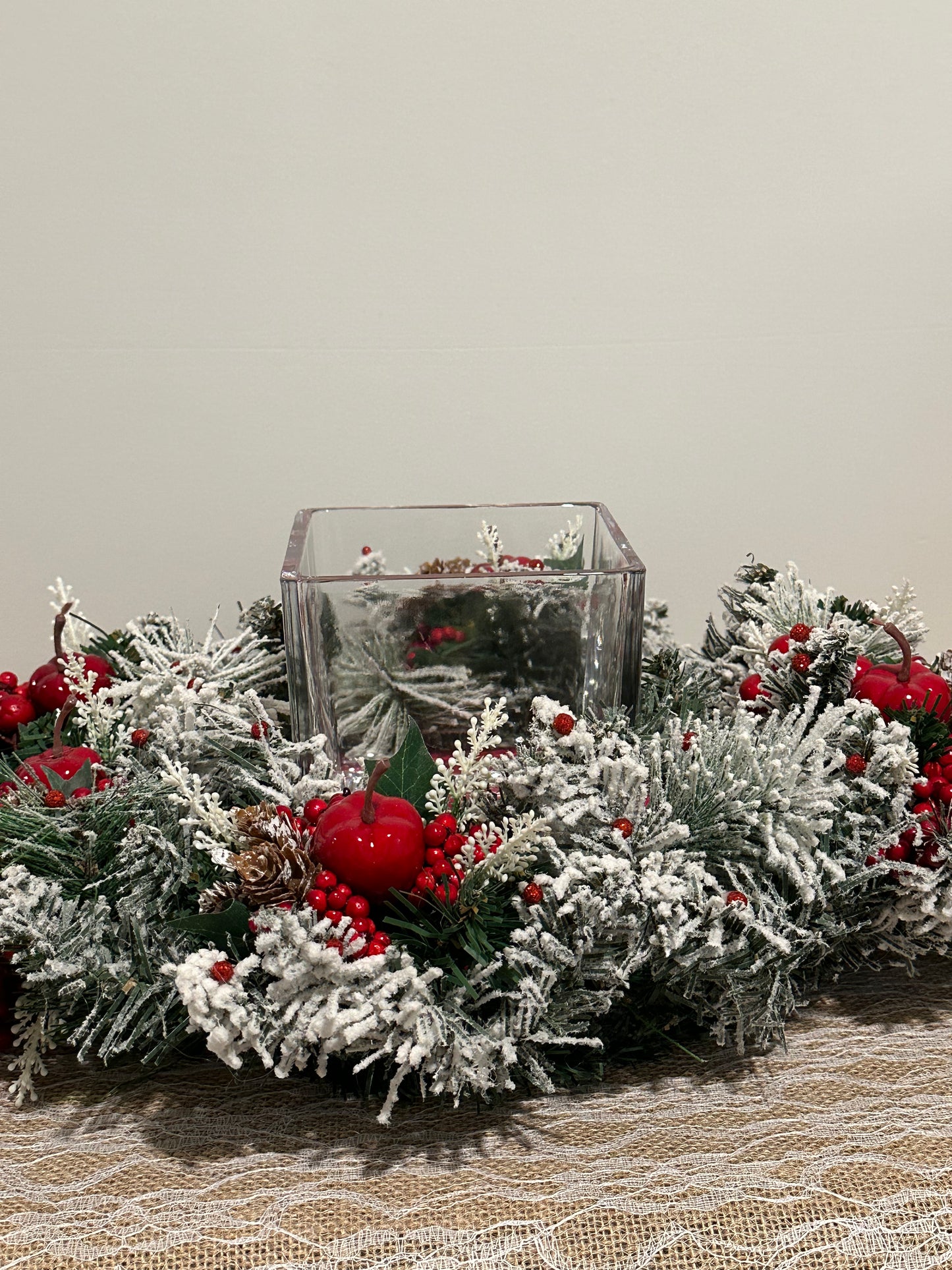 Christmas Centerpiece red apple, berries, and  velvet red base