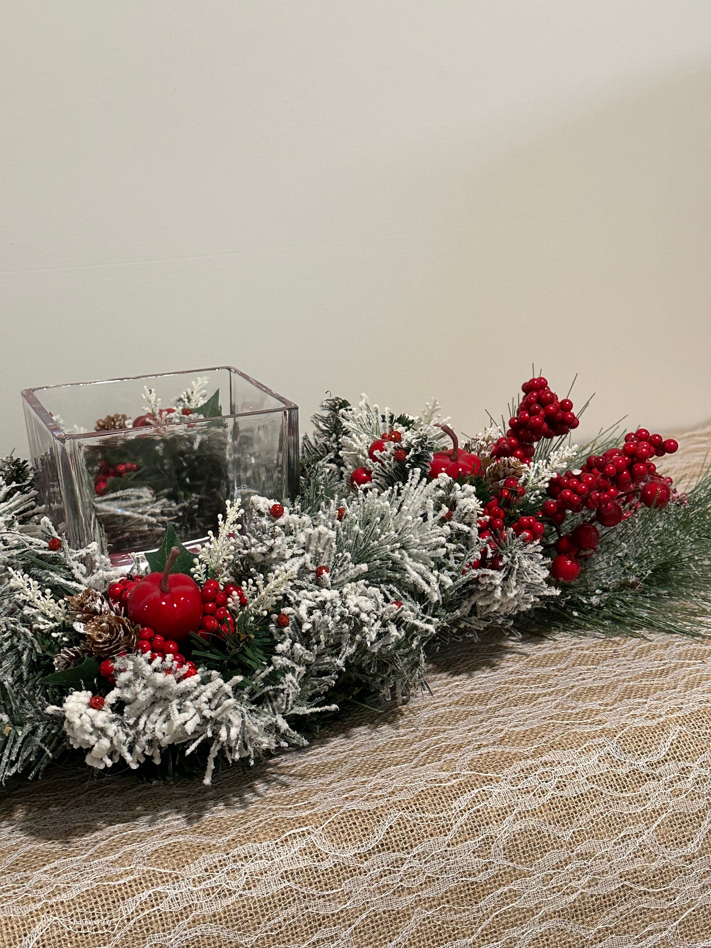 Christmas Centerpiece red apple, berries, and  velvet red base