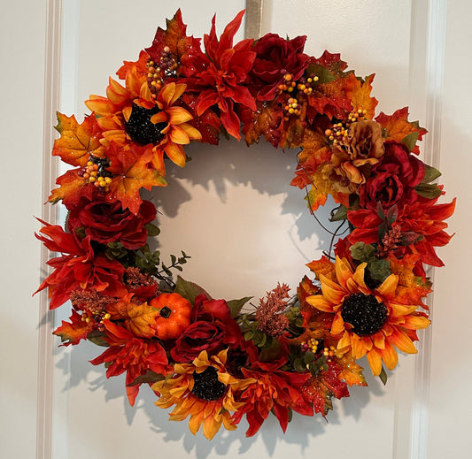 Fall Bright Colors Sunflower, Peony, and Rose  (18" Wreath)