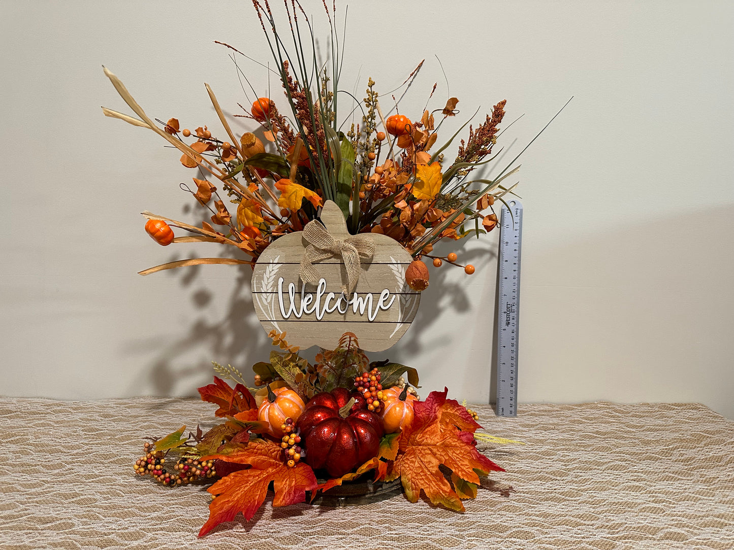 Welcome - Red Shiny Pumpkin Fall Floral