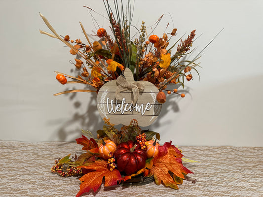 Welcome - Red Shiny Pumpkin Fall Floral