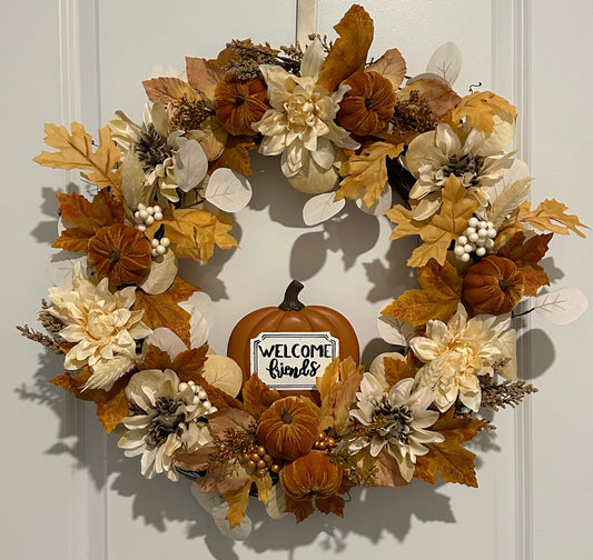 Fall, Floral, Brown Pumpkin & Gold Berries -  (18" Wreath)