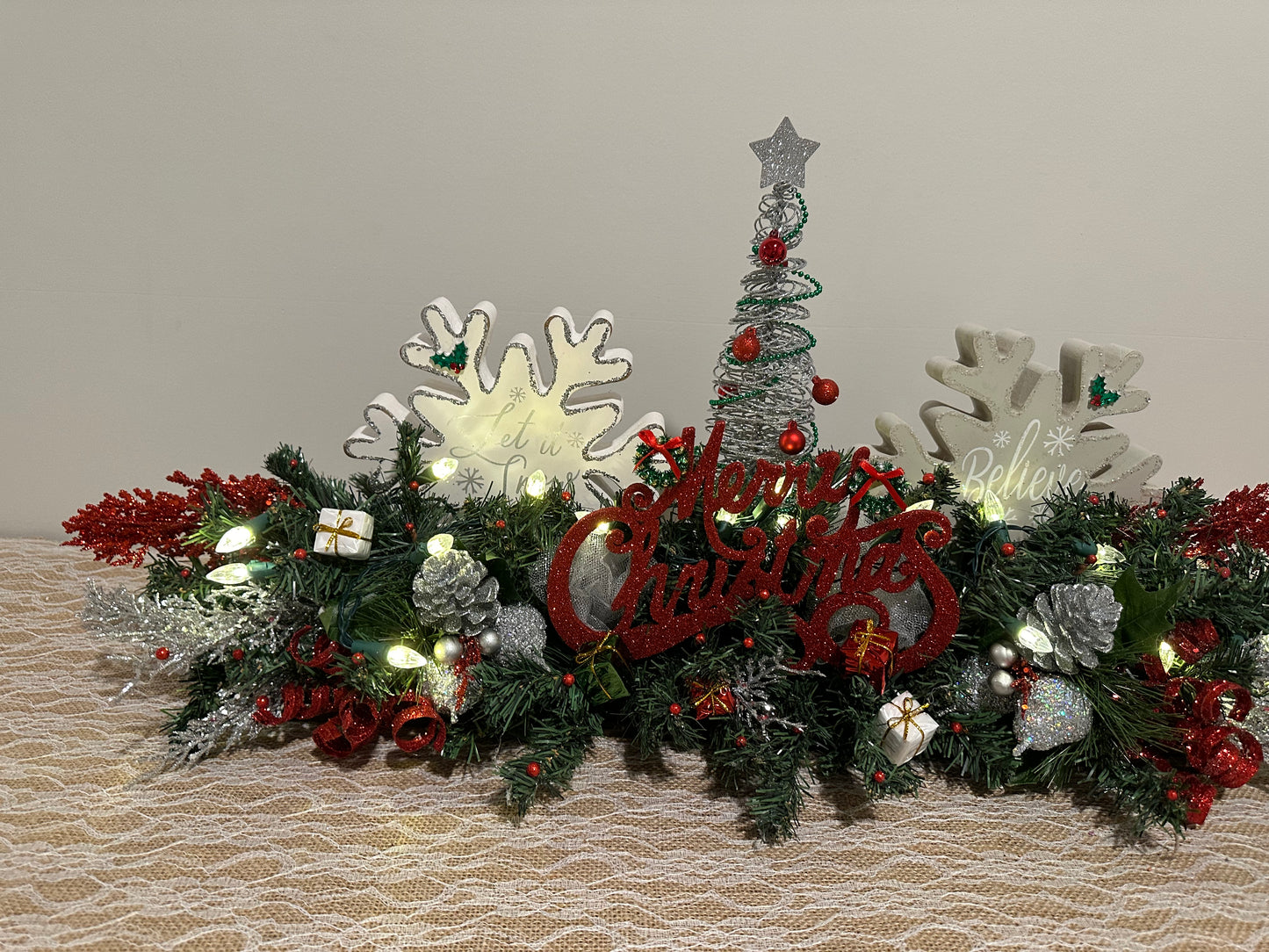 Christmas Centerpiece Snow Flakes and Merry Christmas (lights included)