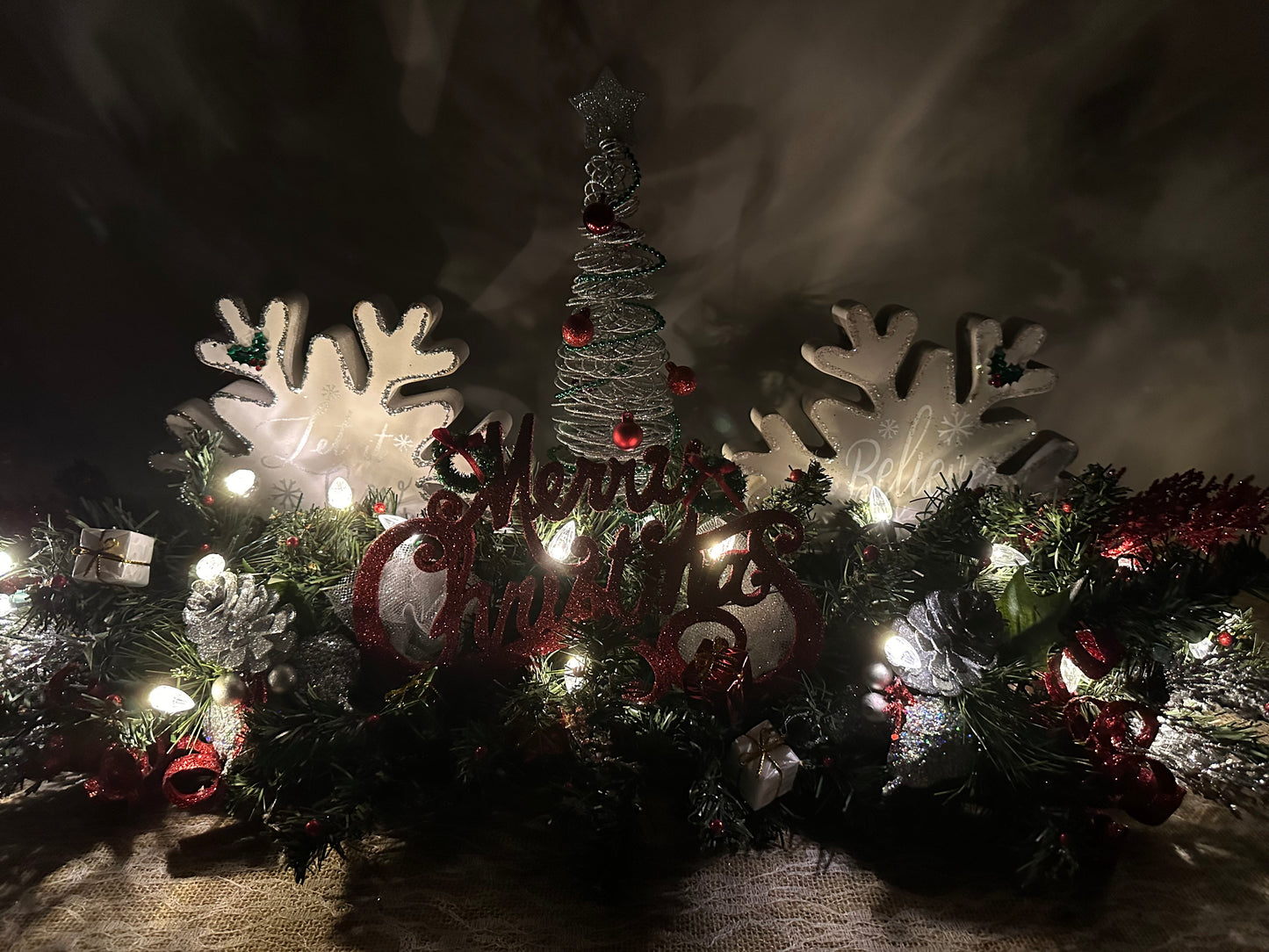 Christmas Centerpiece Snow Flakes and Merry Christmas (lights included)