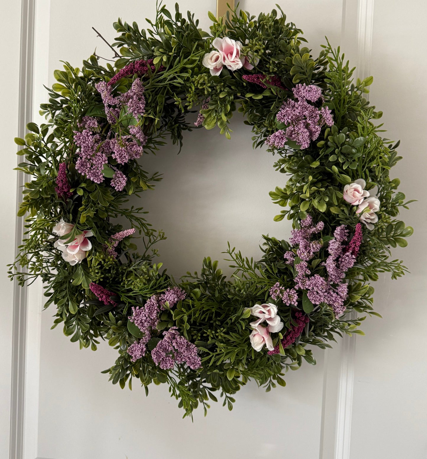 a. Spring Boxwood Wreath -  Pink and burgundy floral