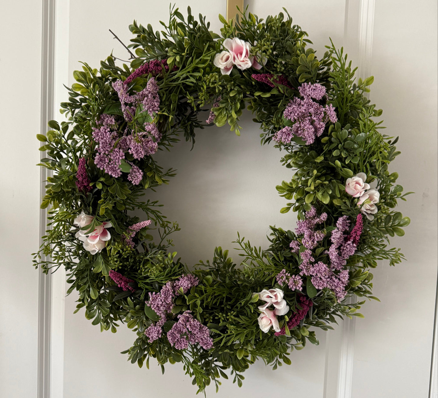 a. Spring Boxwood Wreath -  Pink and burgundy floral