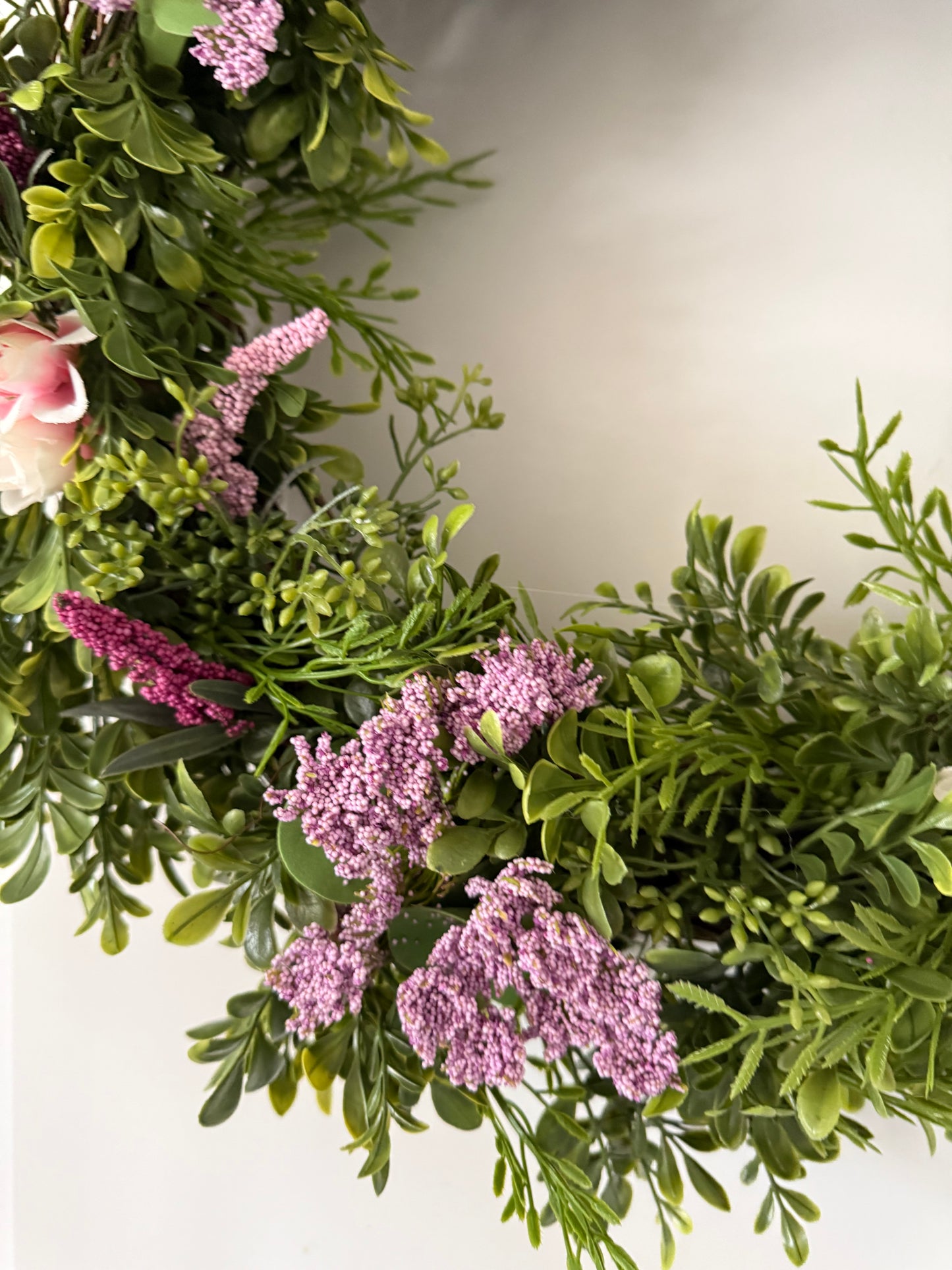 a. Spring Boxwood Wreath -  Pink and burgundy floral
