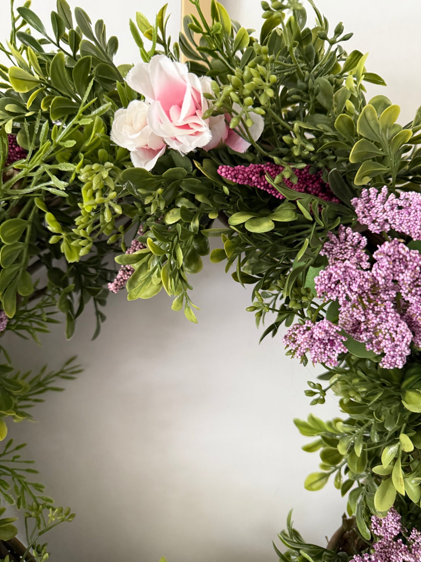 a. Spring Boxwood Wreath -  Pink and burgundy floral