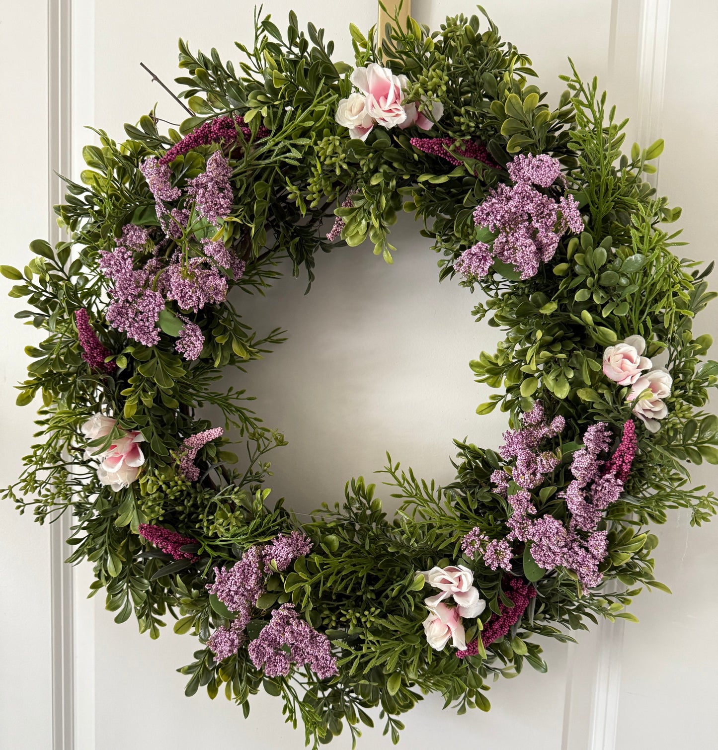 a. Spring Boxwood Wreath -  Pink and burgundy floral